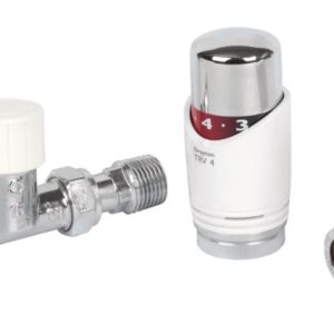 Drayton TRV4 15mm x 1/2" White/Chrome Straight & L/S  Thermostatic Radiator Valve & Lockshield