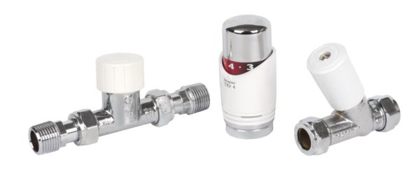 Drayton TRV4 15mm x 1/2" White/Chrome Straight & L/S  Thermostatic Radiator Valve & Lockshield