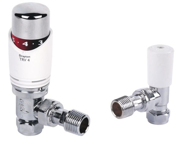 Drayton TRV4 15mm x 1/2" White/Chrome Angled & L/S  Thermostatic Radiator Valve & Lockshield
