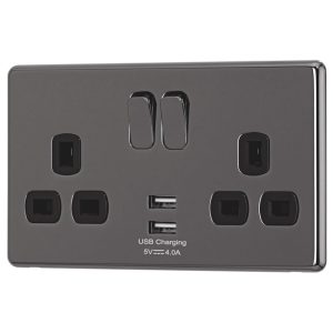 Arlec  13A 2-Gang SP Switched Socket + 4A 15W 2-Outlet Type A USB Charger Black Nickel with Black Inserts