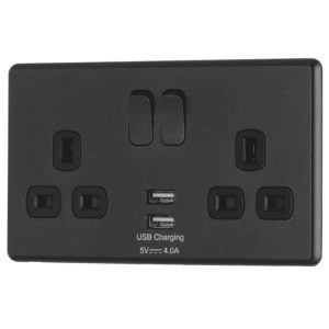 Arlec  13A 2-Gang SP Switched Socket + 4A 15W 2-Outlet Type A USB Charger Charcoal with Black Inserts