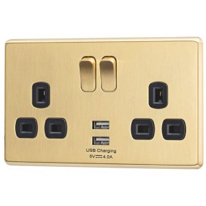 Arlec  13A 2-Gang SP Switched Socket + 4A 15W 2-Outlet Type A USB Charger Gold with Black Inserts
