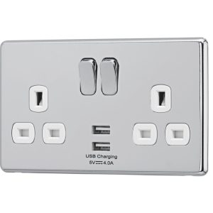 Arlec  13A 2-Gang SP Switched Socket + 4A 15W 2-Outlet Type A USB Charger Polished Chrome with White Inserts