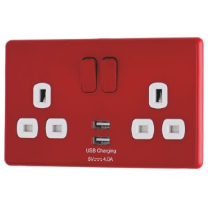 Arlec  13A 2-Gang SP Switched Socket + 4A 15W 2-Outlet Type A USB Charger Red with White Inserts
