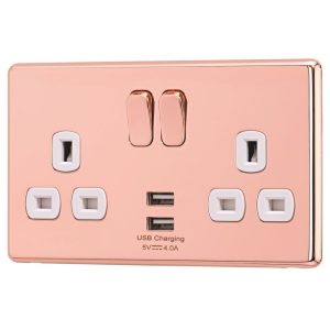 Arlec  13A 2-Gang SP Switched Socket + 4A 15W 2-Outlet Type A USB Charger Rose Gold with White Inserts