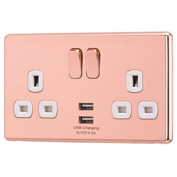 Arlec  13A 2-Gang SP Switched Socket + 4A 15W 2-Outlet Type A USB Charger Rose Gold with White Inserts