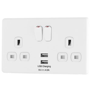 Arlec  13A 2-Gang SP Switched Socket + 4A 15W 2-Outlet Type A USB Charger White with Colour-Matched Inserts