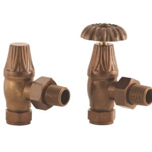Arroll UK-10 15mm x 1/2" Antique Copper Angled & L/S Traditional Manual Radiator Valve & Lockshield