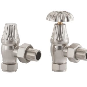 Arroll UK-10 15mm x 1/2" Brushed Nickel Angled & L/S Traditional Manual Radiator Valve & Lockshield