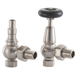 Arroll UK-20 15mm x 1/2" Brushed Nickel Angled & L/S Traditional Manual Radiator Valve & Lockshield
