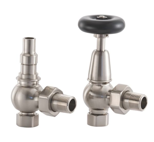 Arroll UK-20 15mm x 1/2" Brushed Nickel Angled & L/S Traditional Manual Radiator Valve & Lockshield