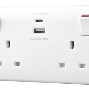 British General 800 Series 13A 2-Gang SP Switched Socket + 4.2A 15W 2-Outlet Type A & C USB Charger White