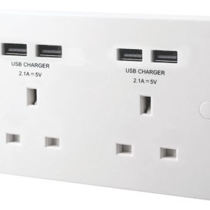 British General 900 Series 13A 2-Gang Unswitched Socket + 4.2A 10.5W 4-Outlet Type A USB Charger White