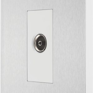 British General Evolve 1-Gang Coaxial TV / FM Socket Brushed Steel with White Inserts