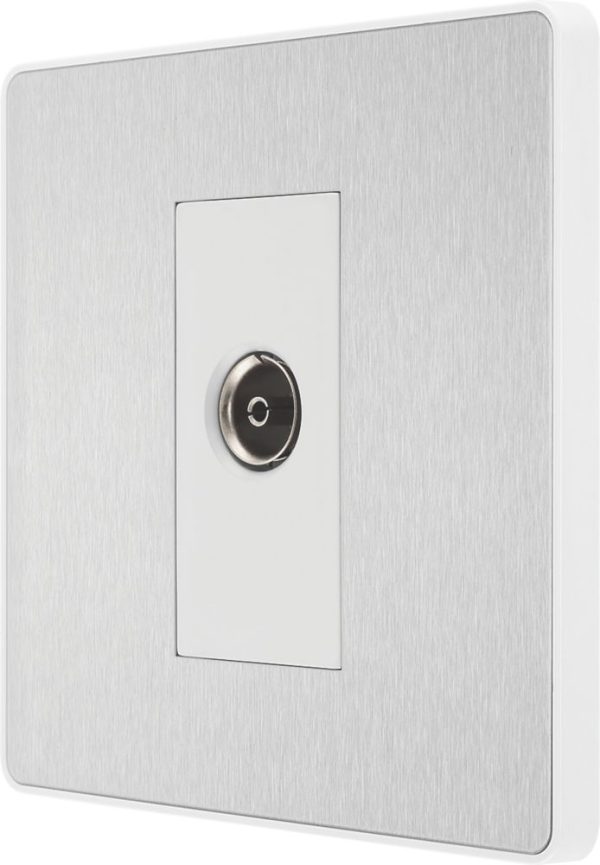 British General Evolve 1-Gang Coaxial TV / FM Socket Brushed Steel with White Inserts
