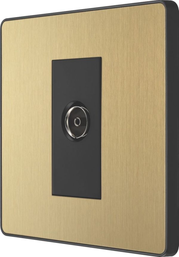British General Evolve 1-Gang Coaxial TV / FM Socket Satin Brass with Black Inserts