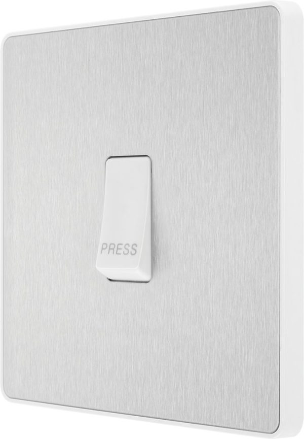 British General Evolve 10A 1-Gang 1-Way Press Switch Brushed Steel with White Inserts