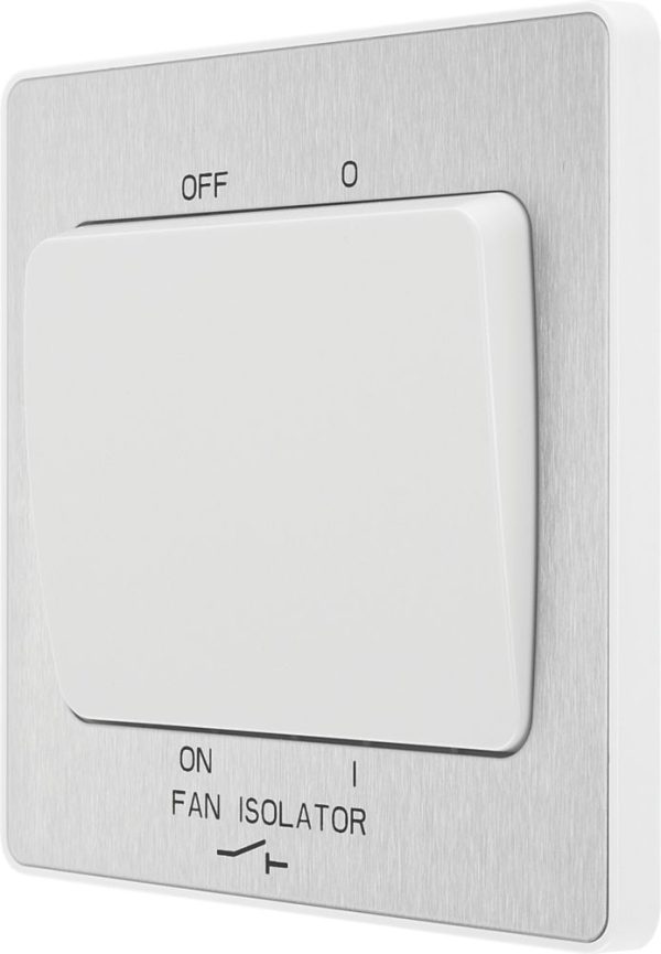 British General Evolve 10A 1-Gang 3-Pole Fan Isolator Switch Brushed Steel  with White Inserts