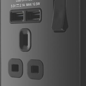 British General Evolve 13A 1-Gang SP Switched Socket + 2.1A 10.5W 2-Outlet Type A USB Charger Black Chrome with Black Inserts