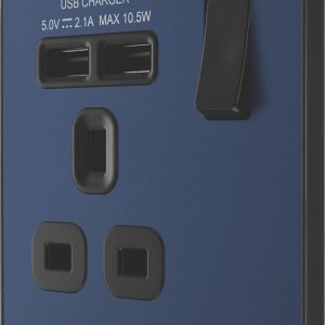 British General Evolve 13A 1-Gang SP Switched Socket + 2.1A 10.5W 2-Outlet Type A USB Charger Blue with Black Inserts