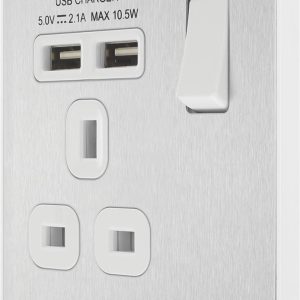 British General Evolve 13A 1-Gang SP Switched Socket + 2.1A 10.5W 2-Outlet Type A USB Charger Brushed Steel with White Inserts