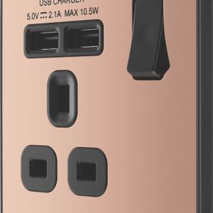 British General Evolve 13A 1-Gang SP Switched Socket + 2.1A 10.5W 2-Outlet Type A USB Charger Copper with Black Inserts