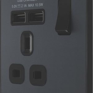 British General Evolve 13A 1-Gang SP Switched Socket + 2.1A 10.5W 2-Outlet Type A USB Charger Grey with Black Inserts