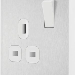 British General Evolve 13A 1-Gang SP Switched Socket Brushed Steel  with White Inserts