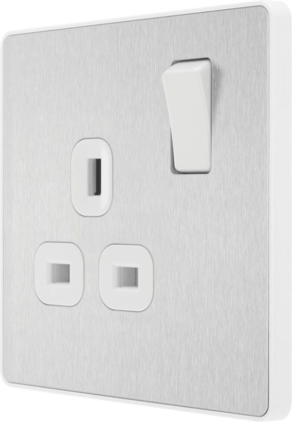 British General Evolve 13A 1-Gang SP Switched Socket Brushed Steel  with White Inserts