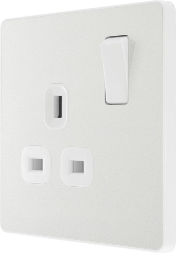 British General Evolve 13A 1-Gang SP Switched Socket Pearlescent White  with White Inserts