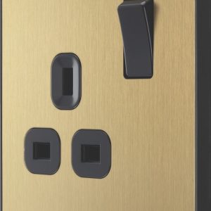 British General Evolve 13A 1-Gang SP Switched Socket Satin Brass  with Black Inserts
