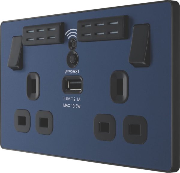 British General Evolve 13A 2-Gang SP Switched Double Socket With WiFi Extender + 2.1A 10.5W 1-Outlet Type A USB Charger Blue with Black Inserts
