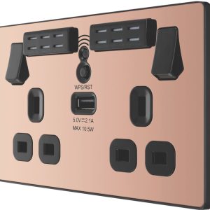 British General Evolve 13A 2-Gang SP Switched Double Socket With WiFi Extender + 2.1A 10.5W 1-Outlet Type A USB Charger Copper with Black Inserts