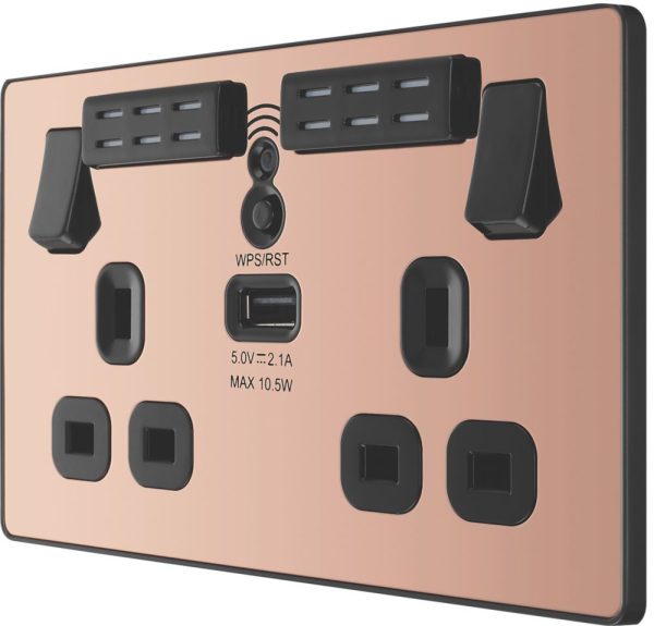 British General Evolve 13A 2-Gang SP Switched Double Socket With WiFi Extender + 2.1A 10.5W 1-Outlet Type A USB Charger Copper with Black Inserts