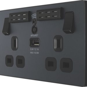 British General Evolve 13A 2-Gang SP Switched Double Socket With WiFi Extender + 2.1A 10.5W 1-Outlet Type A USB Charger Grey with Black Inserts
