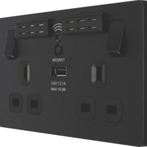 British General Evolve 13A 2-Gang SP Switched Double Socket With WiFi Extender + 2.1A 10.5W 1-Outlet Type A USB Charger Matt Black with Black Inserts