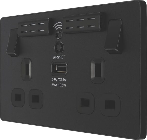 British General Evolve 13A 2-Gang SP Switched Double Socket With WiFi Extender + 2.1A 10.5W 1-Outlet Type A USB Charger Matt Black with Black Inserts