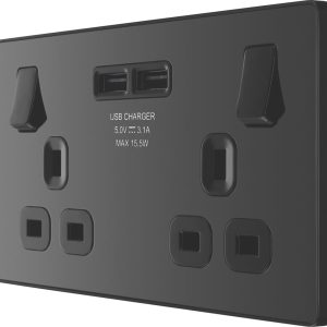 British General Evolve 13A 2-Gang SP Switched Socket + 3.1A 15.5W 2-Outlet Type A USB Charger Black Chrome with Black Inserts