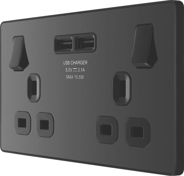 British General Evolve 13A 2-Gang SP Switched Socket + 3.1A 15.5W 2-Outlet Type A USB Charger Black Chrome with Black Inserts