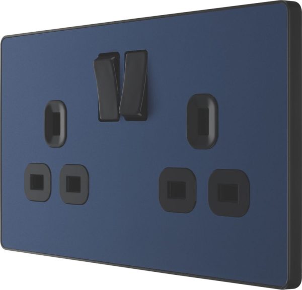 British General Evolve 13A 2-Gang SP Switched Socket Blue  with Black Inserts