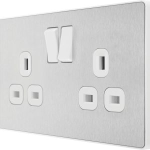 British General Evolve 13A 2-Gang SP Switched Socket Brushed Steel  with White Inserts