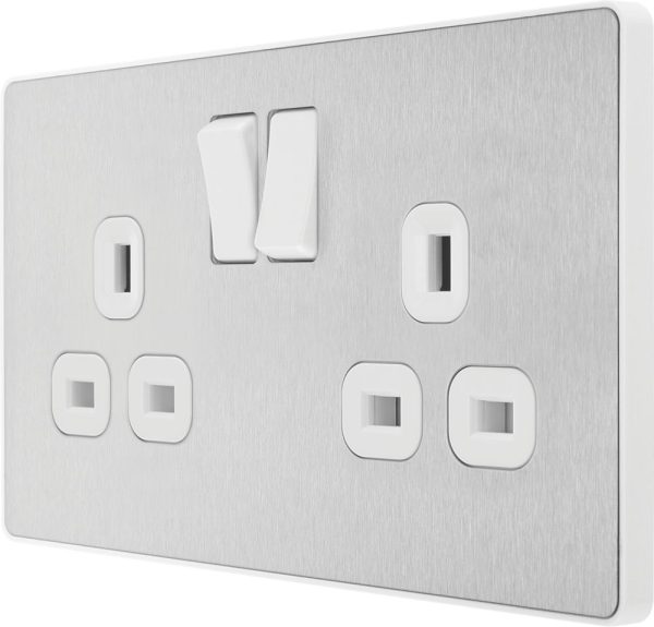 British General Evolve 13A 2-Gang SP Switched Socket Brushed Steel  with White Inserts