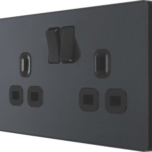 British General Evolve 13A 2-Gang SP Switched Socket Grey  with Black Inserts