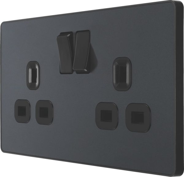 British General Evolve 13A 2-Gang SP Switched Socket Grey  with Black Inserts