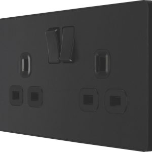 British General Evolve 13A 2-Gang SP Switched Socket Matt Black  with Black Inserts