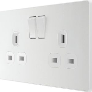 British General Evolve 13A 2-Gang SP Switched Socket Pearlescent White  with White Inserts