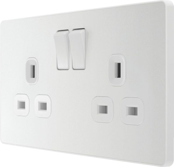 British General Evolve 13A 2-Gang SP Switched Socket Pearlescent White  with White Inserts