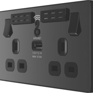 British General Evolve 13A 2-Gang SP Switched Socket With WiFi Extender + 2.1A 10.5W 1-Outlet Type A USB Charger Black Chrome with Black Inserts