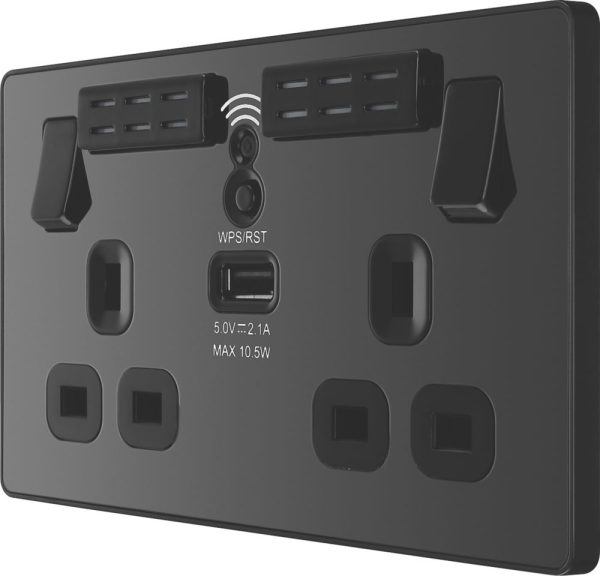 British General Evolve 13A 2-Gang SP Switched Socket With WiFi Extender + 2.1A 10.5W 1-Outlet Type A USB Charger Black Chrome with Black Inserts