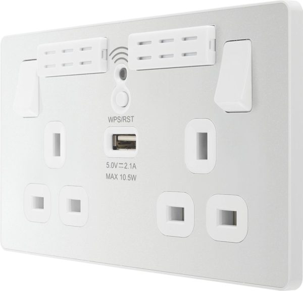 British General Evolve 13A 2-Gang SP Switched Socket with WiFi Extender + 2.1A 10.5W 1-Outlet Type A USB Charger Pearlescent White with White Inserts